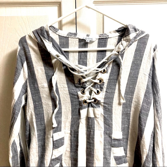 BLUE ISLAND Beach Swim Coverup Tunic Nautical Stripe Lace Up Hoodie Medium - Picture 6 of 14